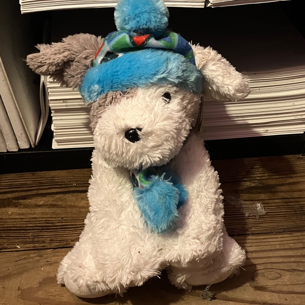 Cozy Plush Dog Toy with Blue Hat and Scarf